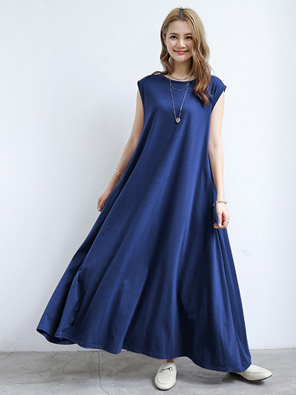 Simple Solid Color Oversized A-Line Round-Neck Cap Sleeves Maxi Dress