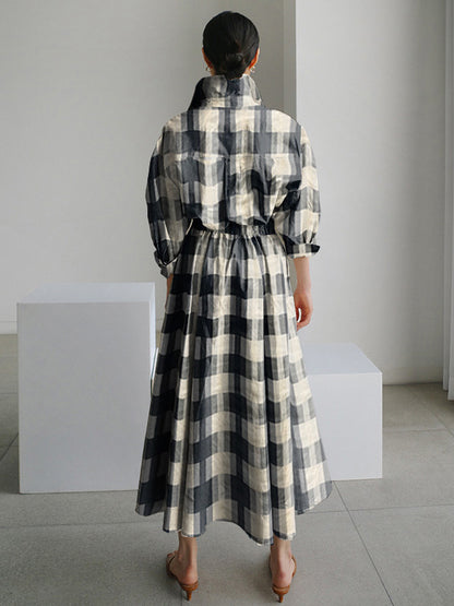 Urban Loose Long Sleeves Plaid Midi Dress Shirt Dress