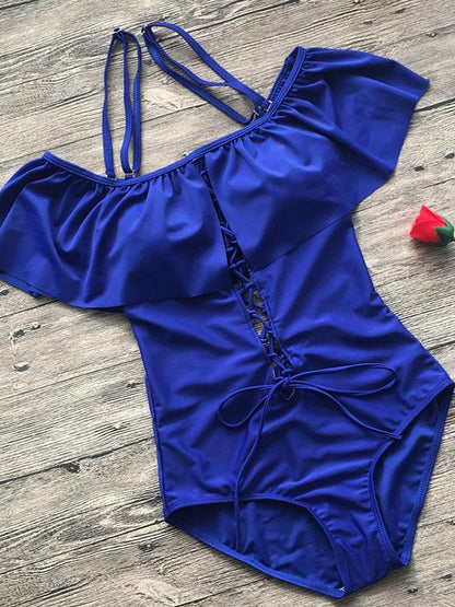 Off-the-shoulder Lace-up One-piece Swimwear