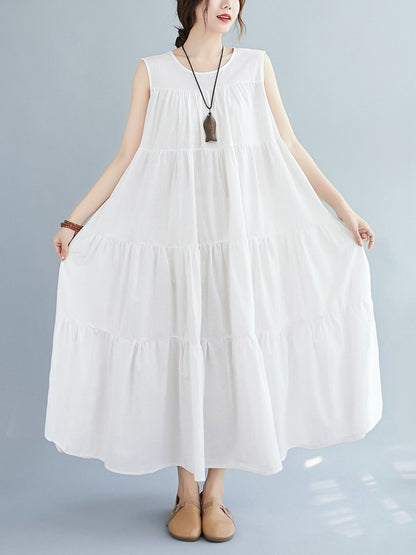 Simple Casual Loose Artistic Retro Pleated Solid Color Midi Dress