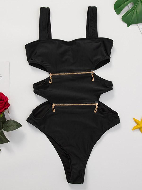 Zipper Hollow One-Piece Swimwear