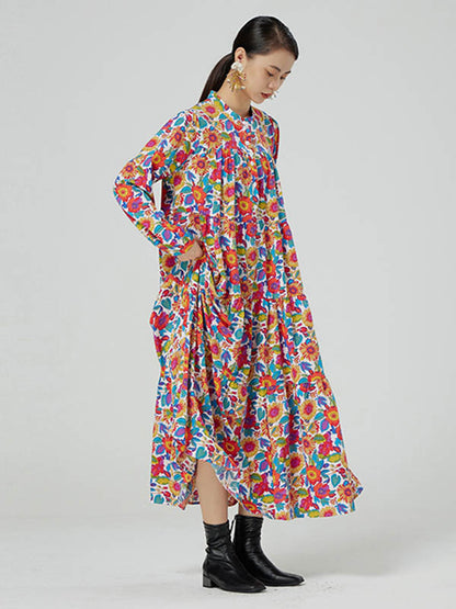 Stylish Floral Printed Stand Collar Buttoned Loose Long Sleeves Midi Dress