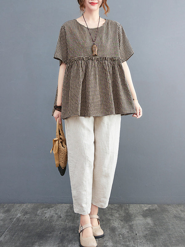 Artistic Retro Loose Plaid Ramie Cotton Falbala T-Shirt Top