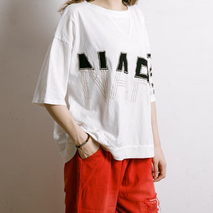 Embroidered And Half-Applique Letters T-Shirt
