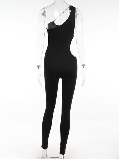 Casual Solid Color Waist Hollow Jumpsuit