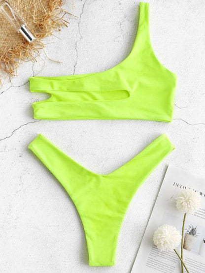 One Shoulder Plain Hollow Bikini Set