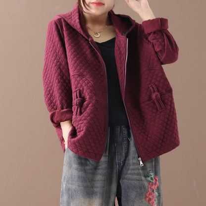 Buykud Retro Solid Color Zipper Autumn Hooded Coat