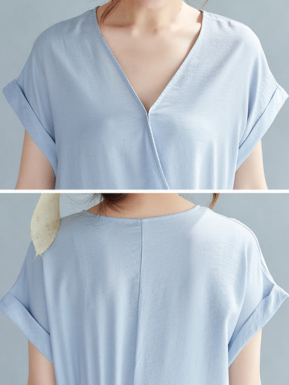 Casual Loose Solid Color Tied V-Neck Short Raglan Sleeves Maxi Dress