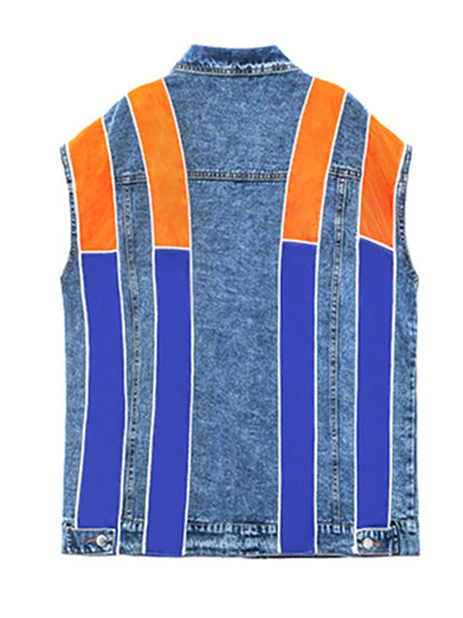 Stylish Split-Joint Striped Lapel Collar Sleeveless Denim Vest Outwear