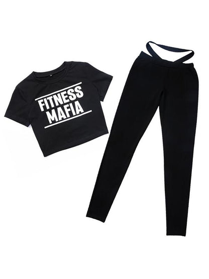 Letter Print Tee&Solid Leggings Yoga&Gym Suits
