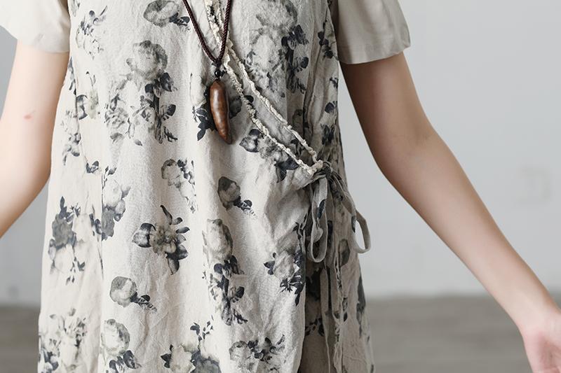 Casual Summer Short Sleeve Floral Beige Long Dresses