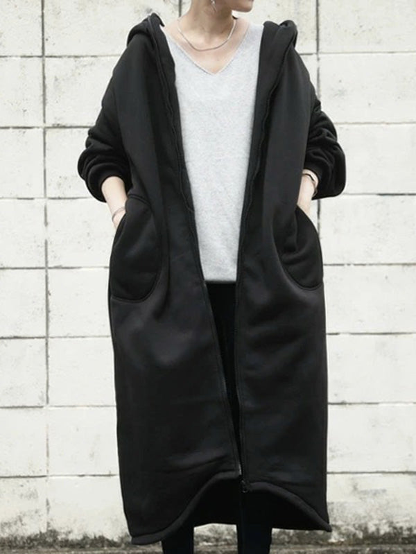 Urban Hooded Solid Color Zipper Batwing Sleeve Long Outerwear