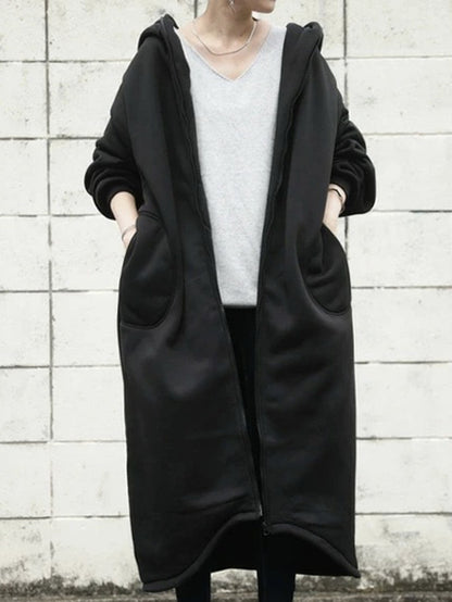 Urban Hooded Solid Color Zipper Batwing Sleeve Long Outerwear
