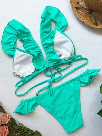 Lettuce Frilled Cross Strappy Plain Bikini Swimsuit