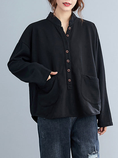 Casual Solid Color Buttoned Split-Joint With Pocket Stand Collar Long Sleeves Sweatshirts