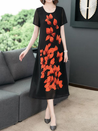 Chiffon Loose Leaves Print Dress