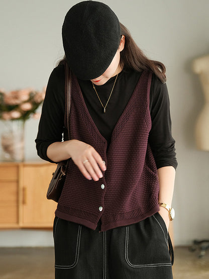 Simple Solid Color Buttoned V-Neck Hollow Vest Tops