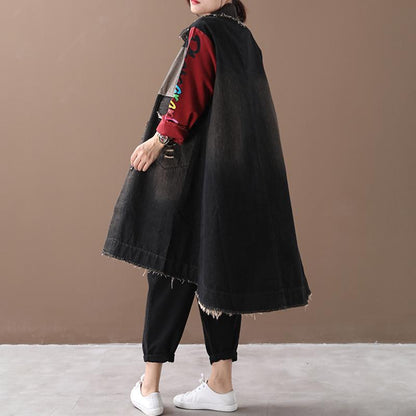 Buykud Letter Printed Hole Burr Casual Denim Dress