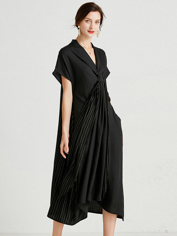 Casual Loose Solid Color Pleated Tied V-Neck Short Sleeves Midi Dress