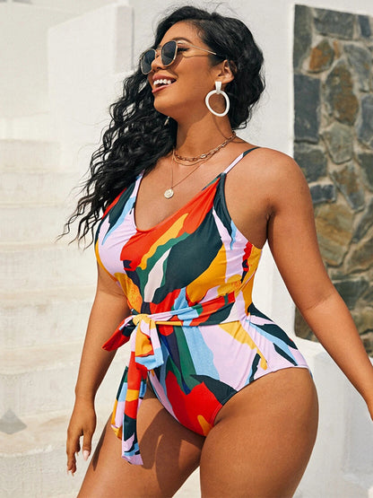 Printed Lace-Up One-Piece Swimsuit