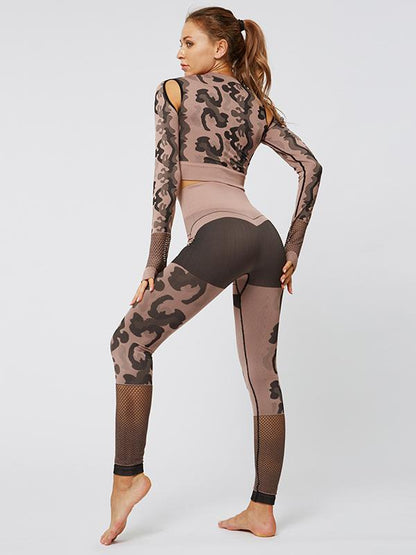 Leopard Print Long Sleeve Gym Sport Hoodie And Leggings Suit