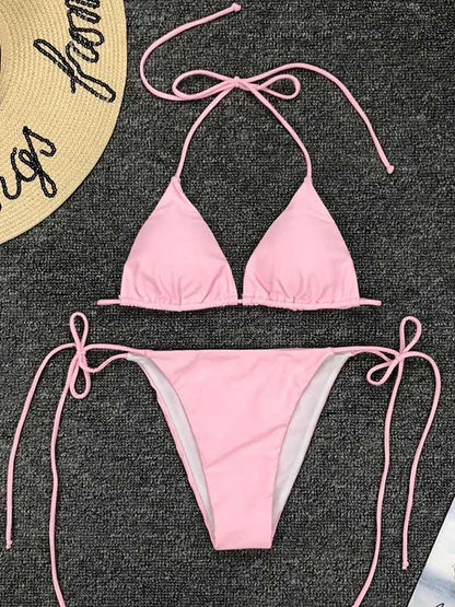 Plain Lace Up Bikini Swimsuit