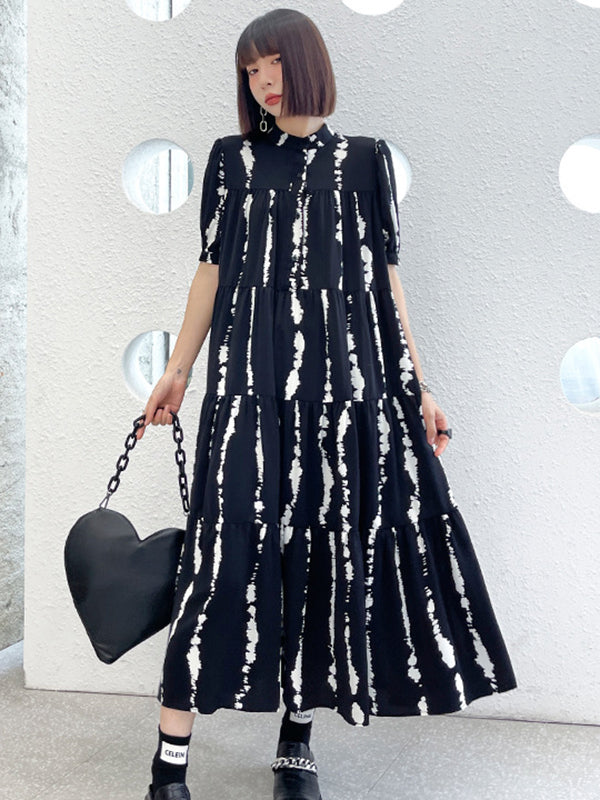 Vintage A-Line Printed Black Midi Dress