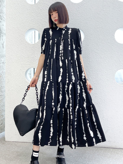 Vintage A-Line Printed Black Midi Dress