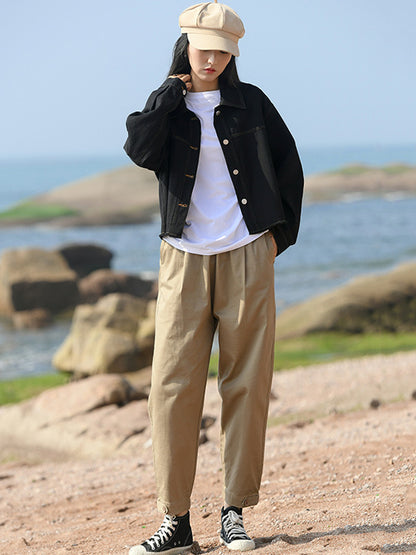 Artistic Retro Loose Elasticity Solid Color Casual Pants Bottoms