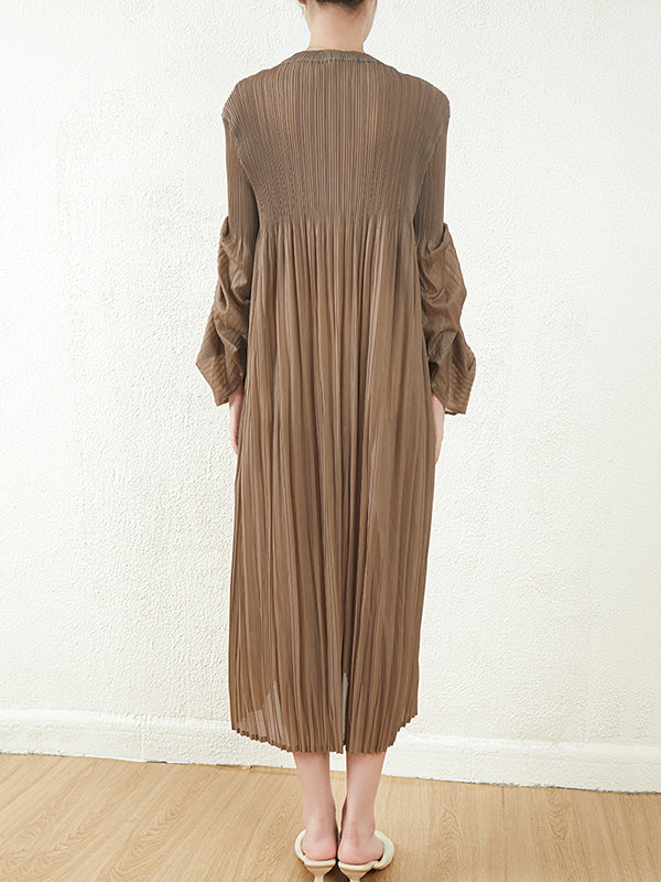 Loose Long Pile Sleeves Pleated Solid Color Round-Neck Midi Dresses