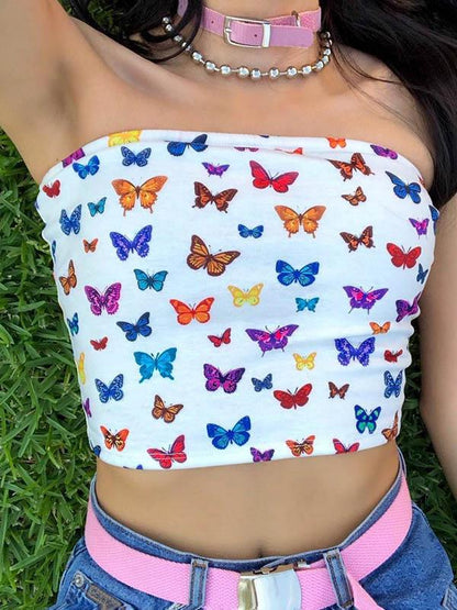Butterfly Printed Off Shouler Tees