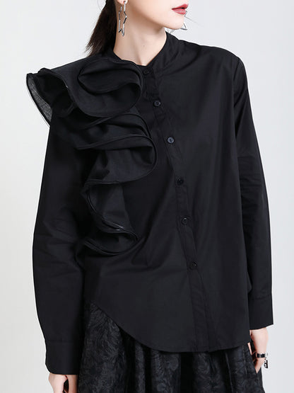 Stylish Falbala Split-Joint Solid Color Buttoned Stand Collar Long Sleeves Blouse