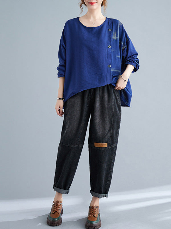 Casual Asymmetric Buttoned Round-Neck Long Sleeves T-Shirt Tops