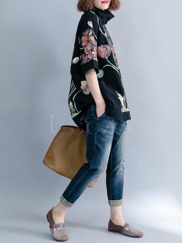 Casual Floral Printed High-neck Sweatshirt