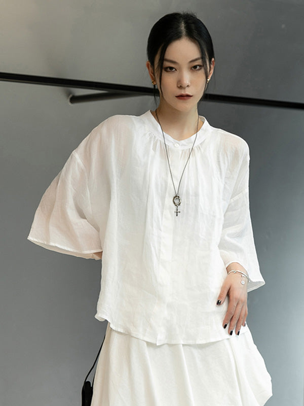 Linen Black&White Round-Neck Flared Sleeves T-Shirt