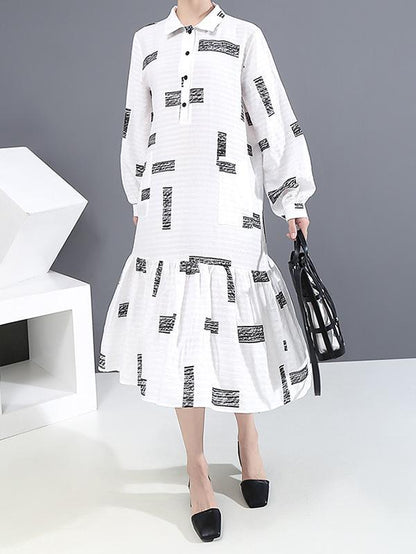 Lapel Collar Long Sleeve Loose Style Printed Belted Dress