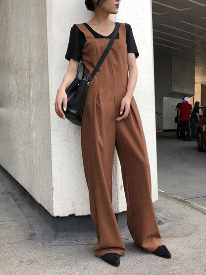Coffee Straps Long Pants Jumpsuits
