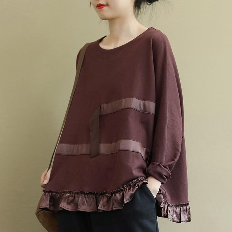 Buykud Ruffled Hem Applique Stripe Casual Loose Blouse