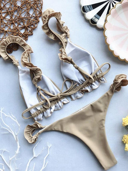 Plain Lettuce Frilled Bikini Swimsuit