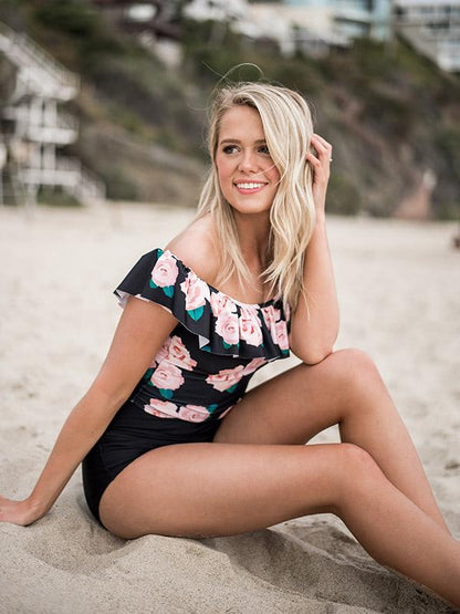 High Waisted Off-the-shoulder Falbala Tankini
