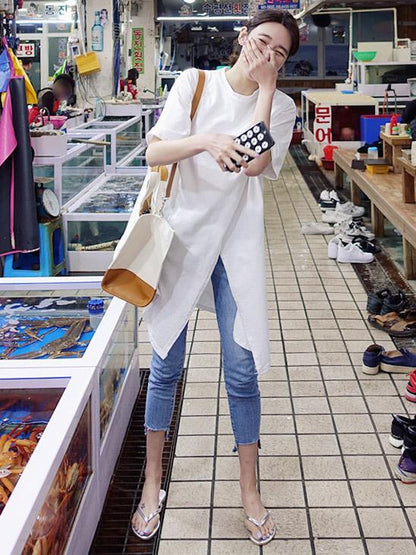 Solid Loose Simple Split-front T-shirt Top