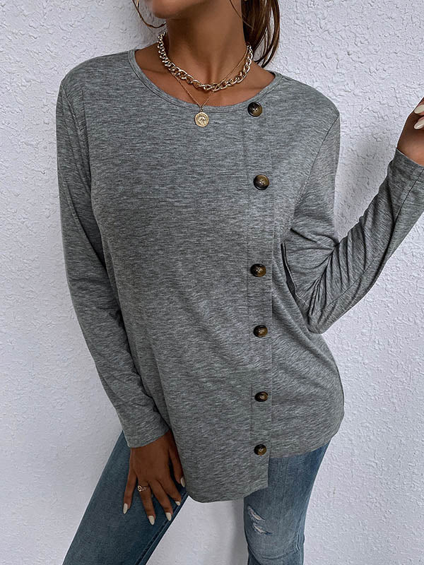 Casual Round-Neck Buttoned Asymmetric T-Shirt
