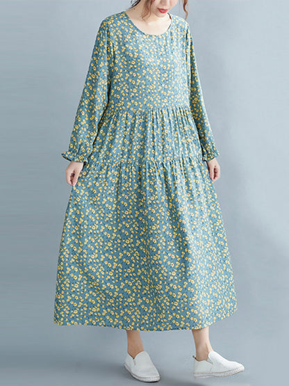 Artistic Retro Floral Printed Pleated Round-Neck Long Sleeves Midi Dress