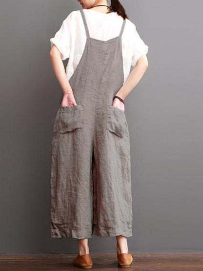 Gray Linen Wide Leg Loose Jumpsuits