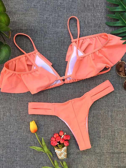Sexy Ruffled Plain Bikinis Swimwear