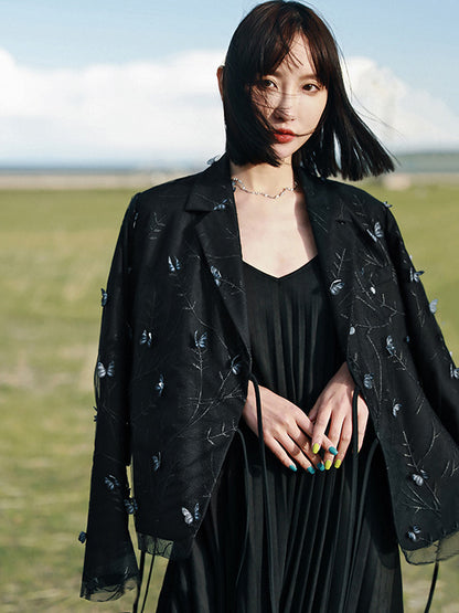 Stylish Mesh Butterfly Embroidered Notched Collar Long Sleeves Outwear