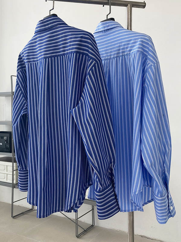 Chic Simple Striped Buttoned Split-Joint With Pocket Lapel Collar Long Sleeves Blouse
