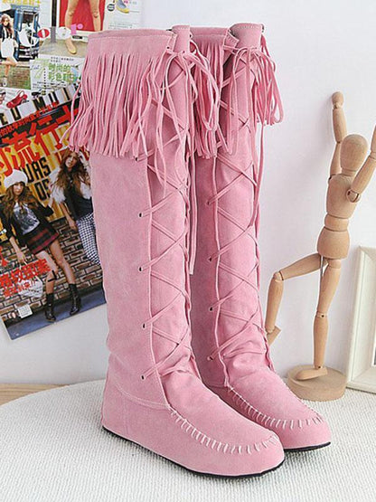 National Style Tasseled Bandage Low-heel Boots Shoes