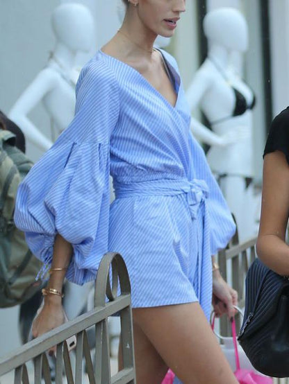 Stripe Puff Sleeves V neck Jumpsuits