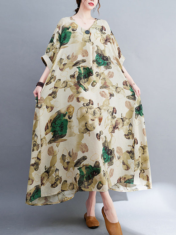 Artistic Retro Loose Floral Printed Ramie Cotton Midi Dress